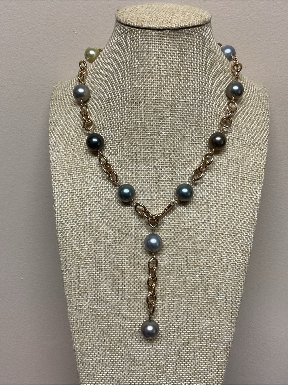 Multicolor Faux Pearl on a Gold-toned Chain.